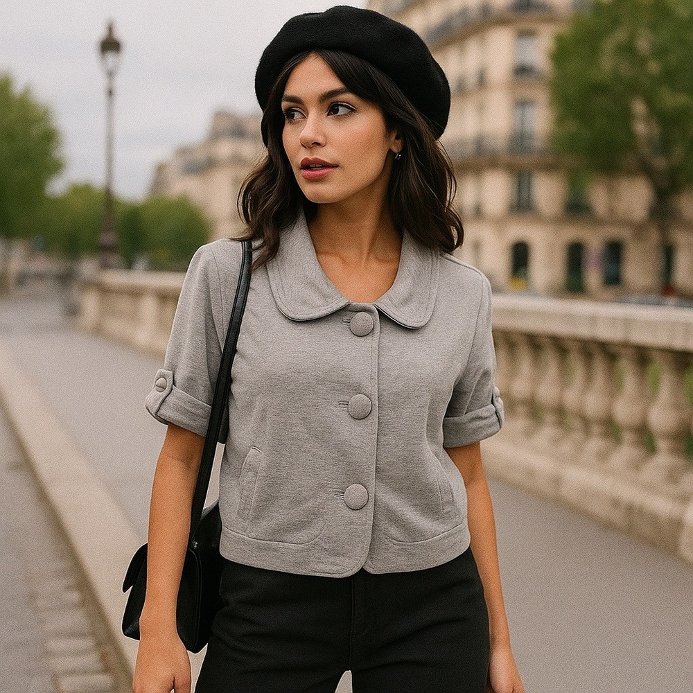 Fossil NEW Gray Button Short Sleeve Top Jacket Cropped Boxy Pockets Size Medium